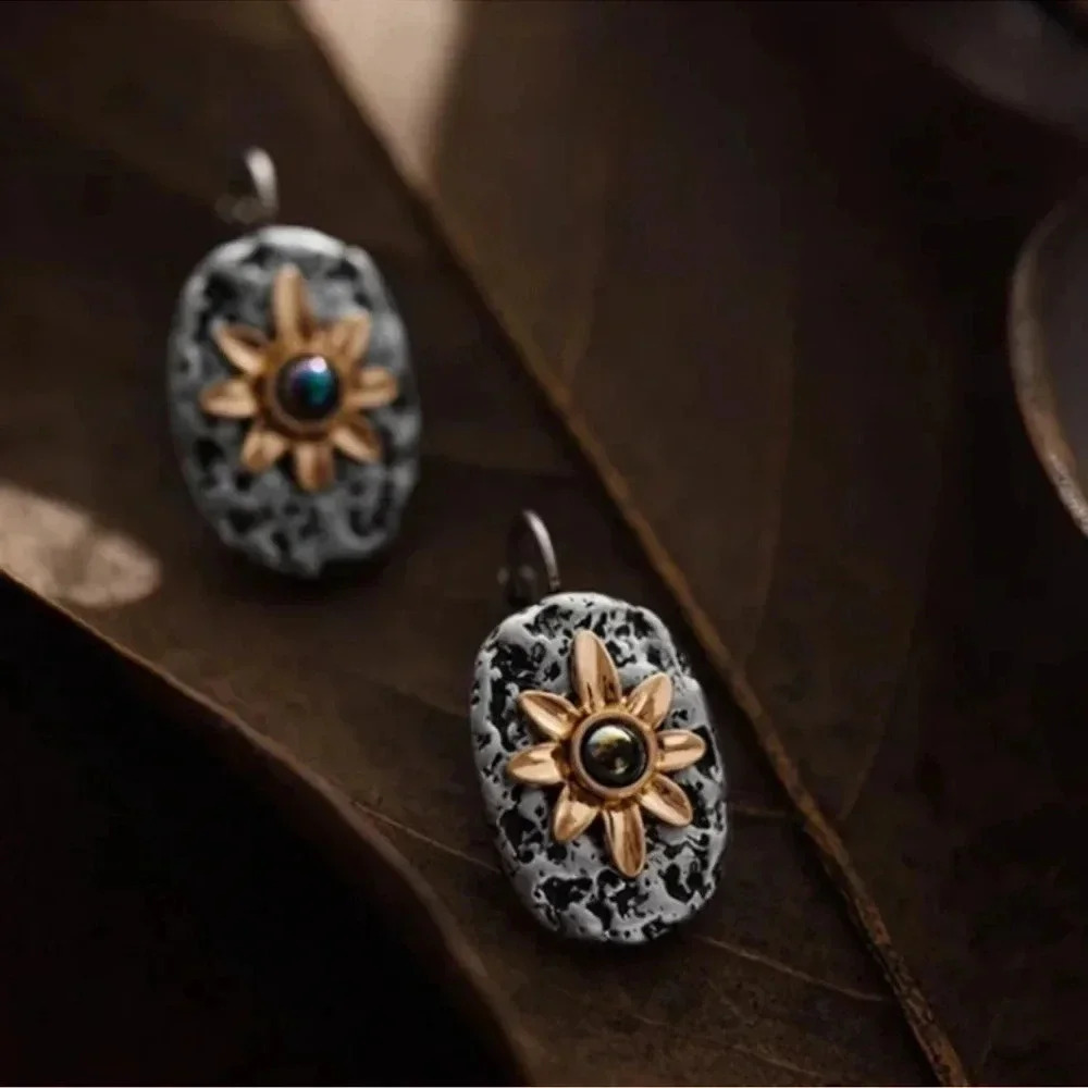 1 LEFT! Silver Sunflower Earrings Stud Hinge Boho Flower - Picture 2 of 5